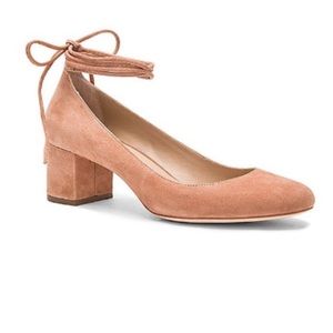 Loeffler Randall Clara deep blush suede leather lace up ankle wrap heeled pumps
